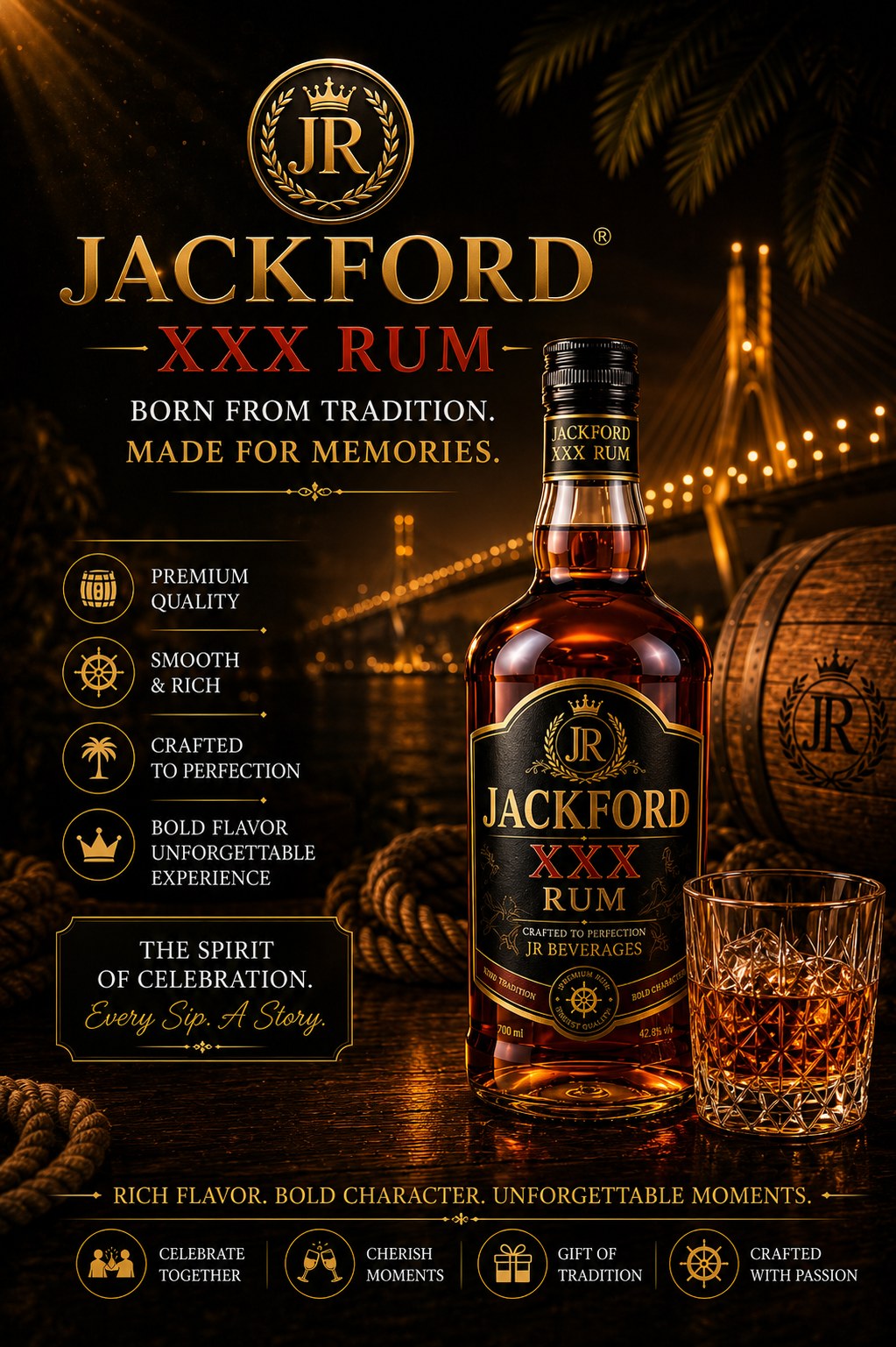 Jackford XXX Rum at sunset with tropical fruit