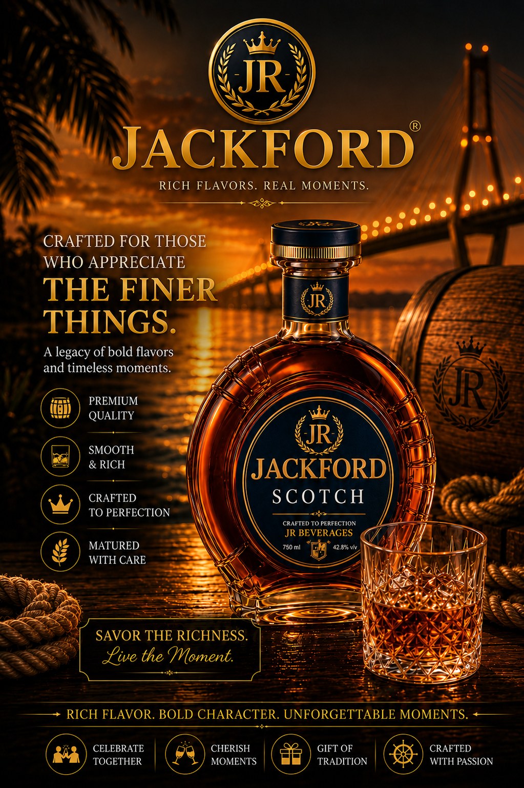 Jackford Rich and Rare Whisky bottles in three sizes